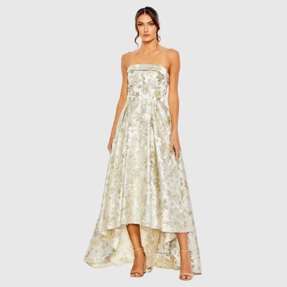 Mac Duggal | Dresses | Mac Duggal White And Gold Brocade Strapless Gown |  Poshmark